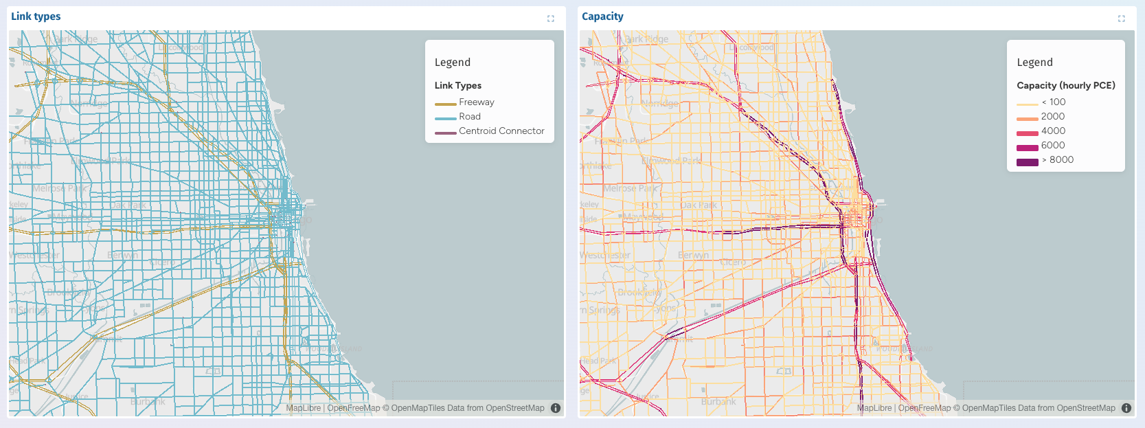 Two example visualisations: left shows link types by color, right shows capacity by size and shade