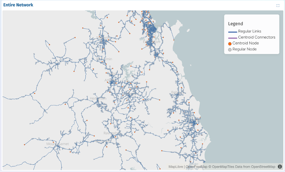 Map: complete transport network showing links, centroid connectors and nodes